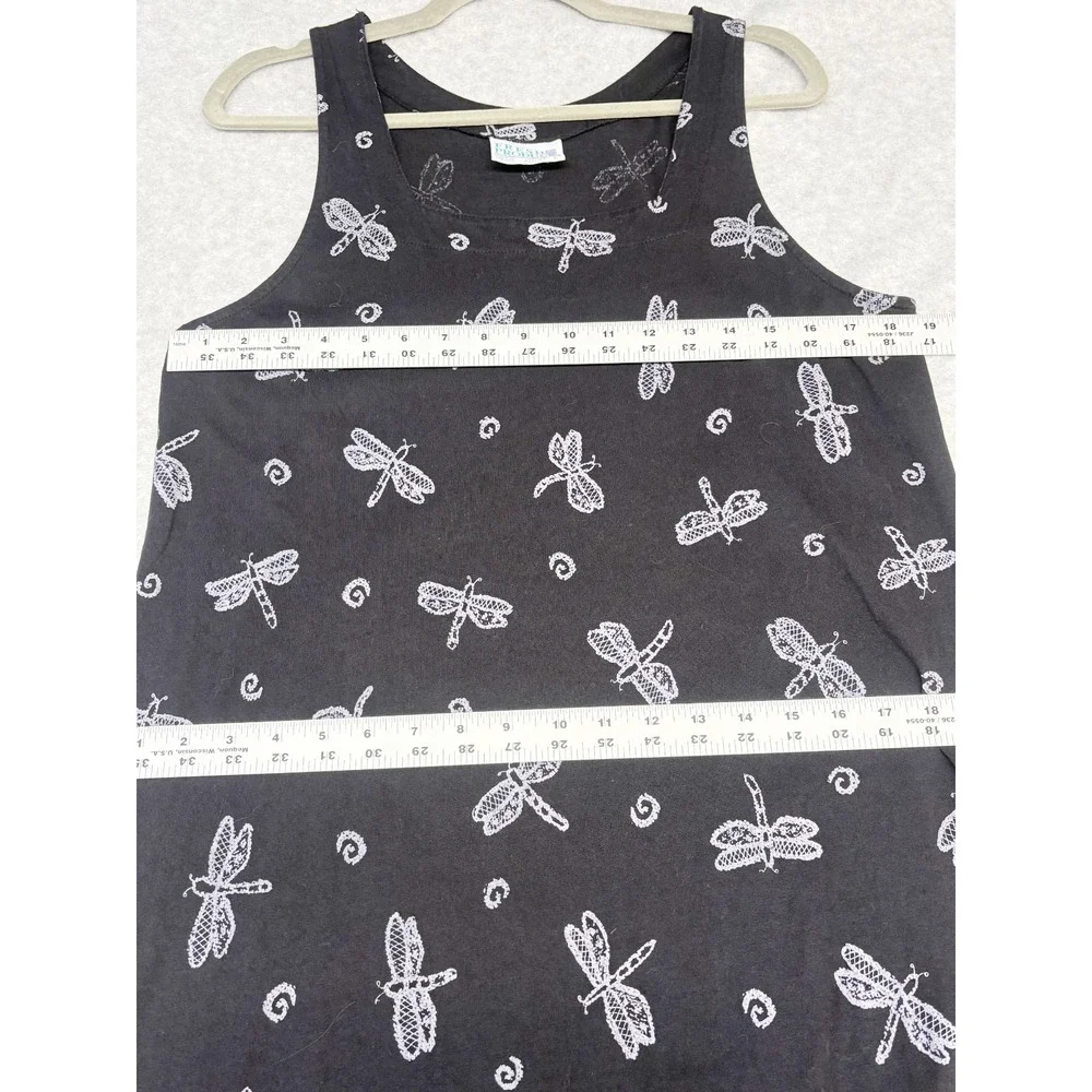 Fresh Produce Dress Womens Large Black Purple Dragonfly Print Maxi Vintage USA